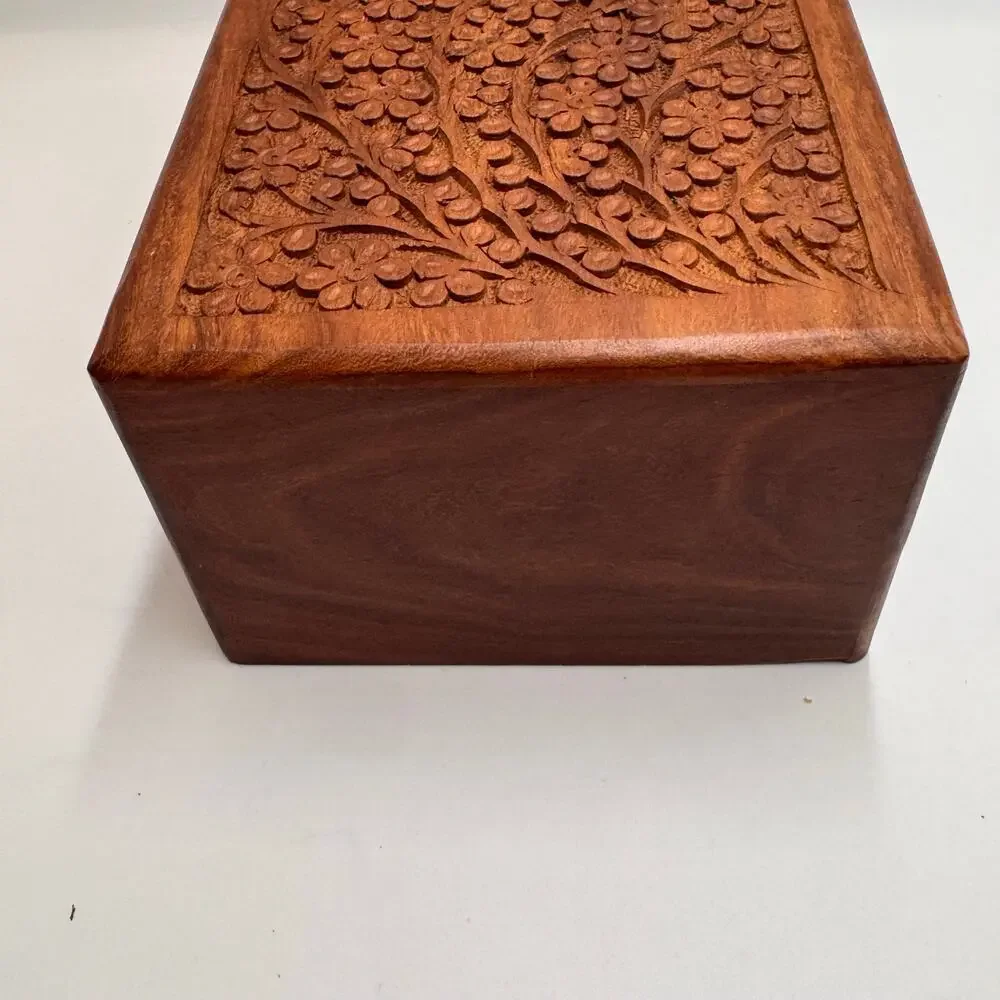 Carved Wood Floral Keepsake Box Sliding Lid Jewelry Trinket Storage 7.25 Inch